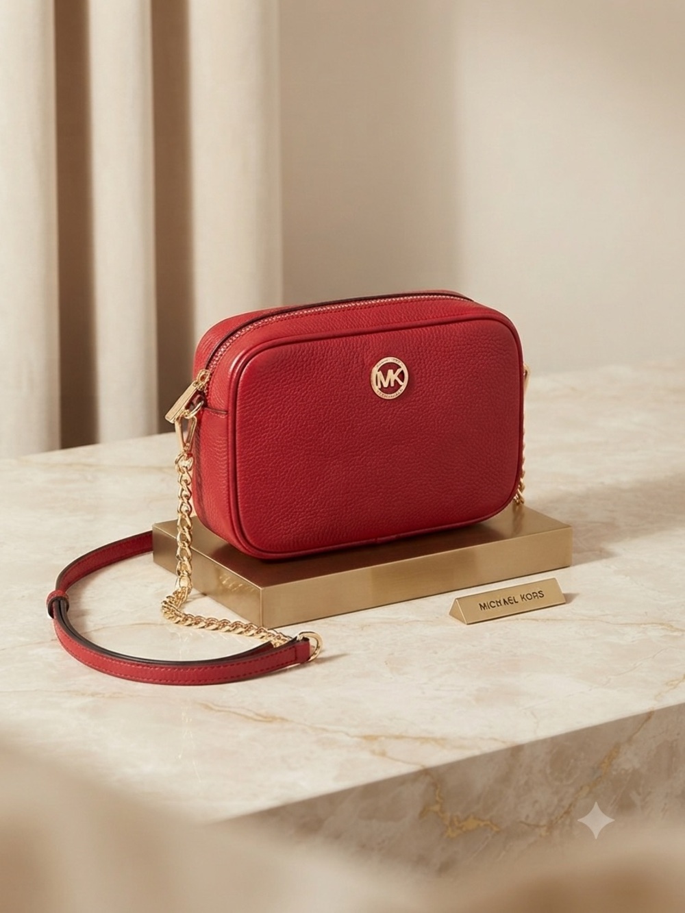Michael Kors Red Pebbled Leather Crossbody Bag Gold Chain